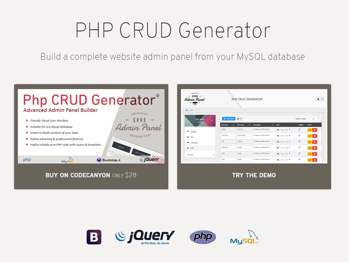 PHP CRUD Generator preview